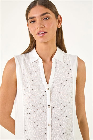 White Broderie Collared Vest Top