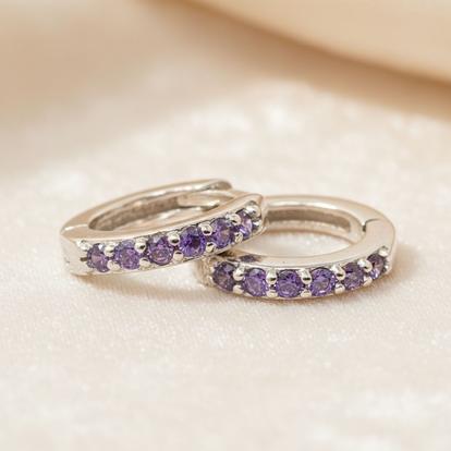 Purple Amethyst February Birthstone Small Silver Huggie Hoops