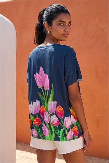 Tulip Motif V-Neck Stretch Top 19408060