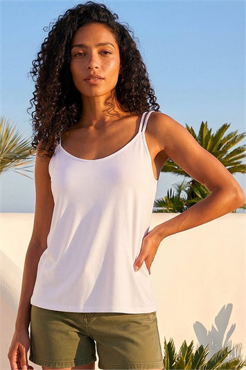 White Double Strap V-Neck Stretch Vest Top