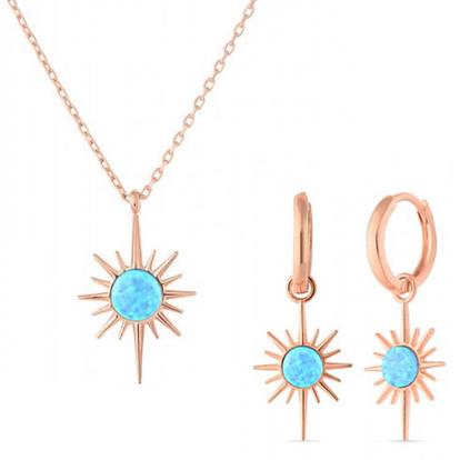 Metallic Blue Opal Northernstar Drop Hoop Earrings & Necklace Set In Sterling Silver