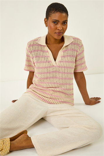 Pink Stripe Crochet Collar Knit Top