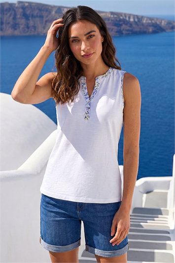 White Contrast Trim Vest Top