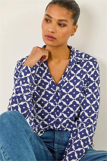 Blue Geo Print Stretch Mock Shirt