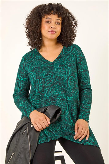 Green Curve Paisley Print V-Neck Stretch Top