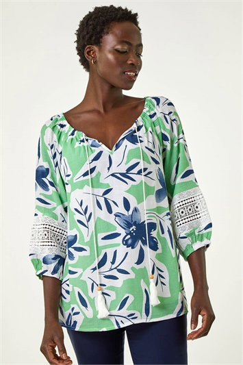 Green Floral Print Tie Front Top