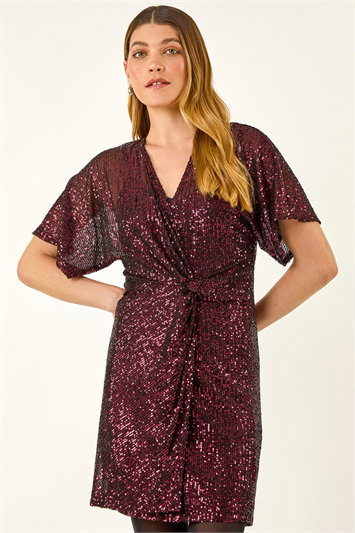 Pink Sequin Twist Front Stretch Dress