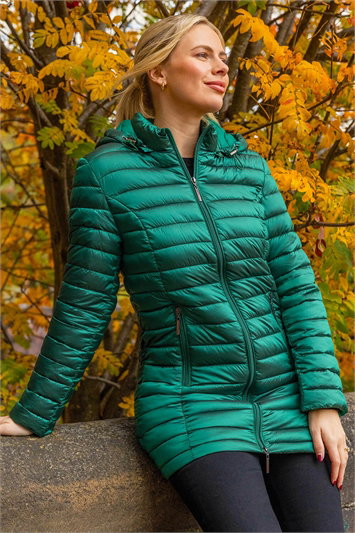 Green Longline Quilted Hooded Puffer Coat