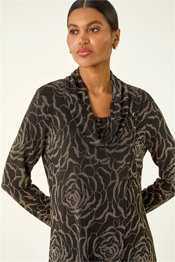 Metallic Jacquard Cowl Neck Stretch Top