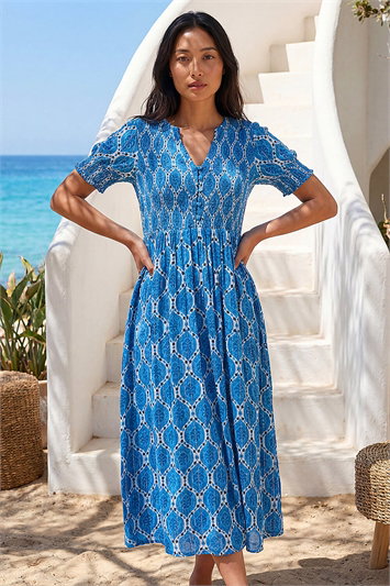 Blue Petite Print Button Front Midi Dress