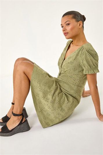 Green Broderie Cotton Stretch Jersey Frill Dress