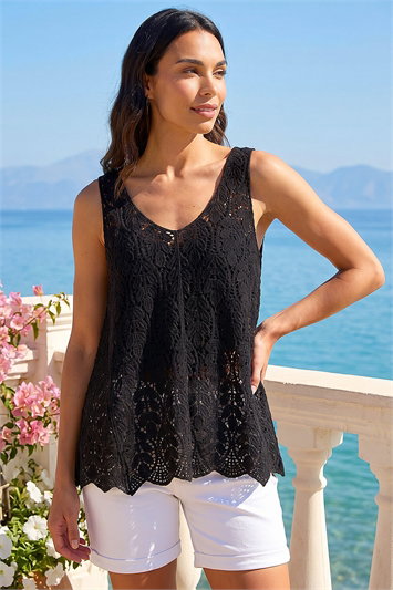 Black Crochet Knit Vest Top