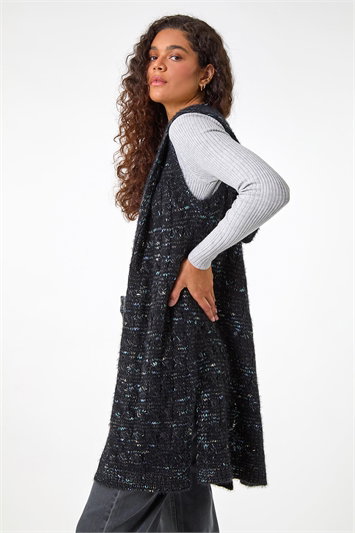 Black Textured Fluffy Knit Hooded Gilet