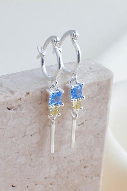 Multi Sterling Silver Cz Blue Yellow Huggie Hoops