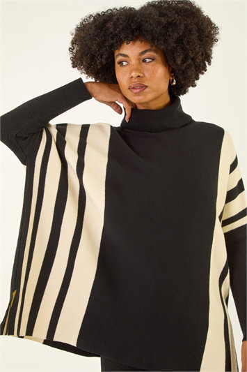 Black Colour Block Stripe Roll Neck Jumper