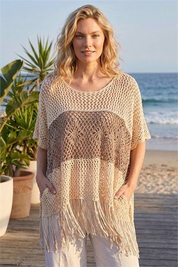 Cream Tassel Stripe Crochet Poncho