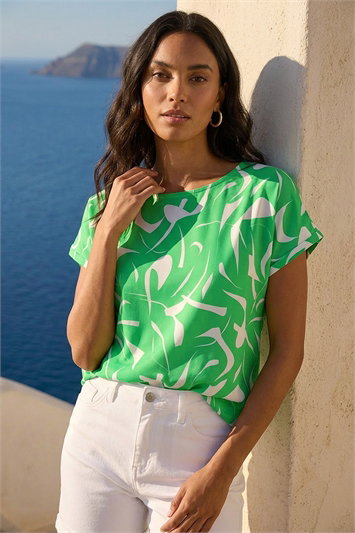 Green Abstract Print Stretch T-Shirt