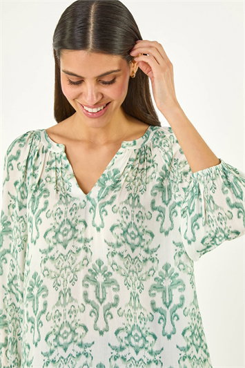Green Ikat Print V-Neck Tunic Top