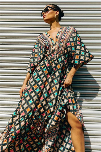 Multi Geo Print V-Neck Frill Maxi Dress