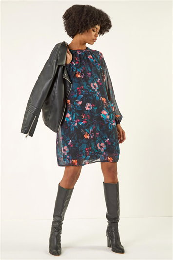 Blue Floral Print Swing Dress
