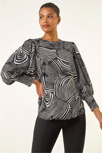 Black Linear Abstract Print Top