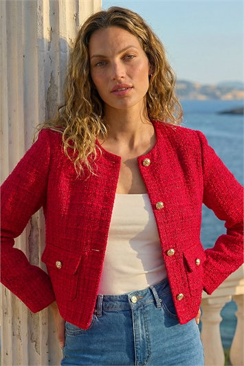 Red Collarless Boucle Jacket