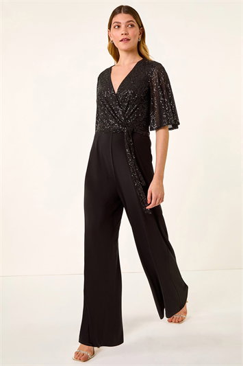 Black Sequin Flutter Sleeve Stretch Jumpsuit