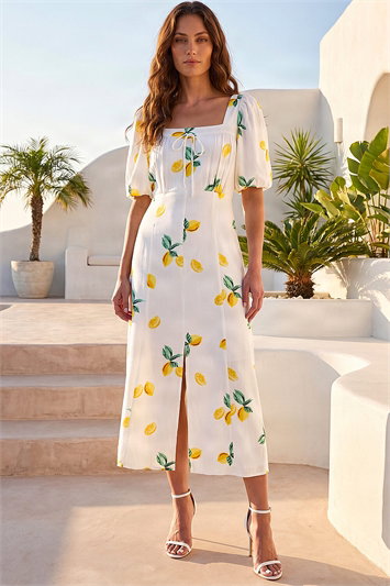 Petite Lemon Print Midi Dress 14875438