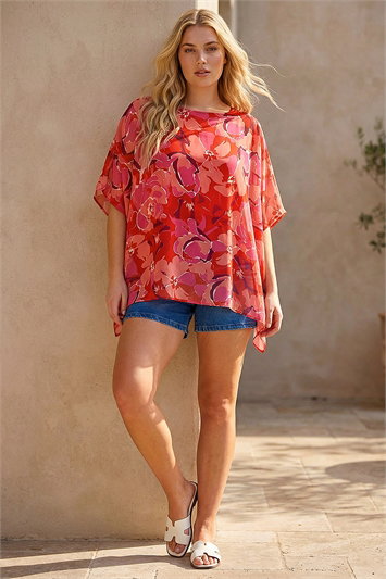 Curve Floral Chiffon Hanky Hem Top 20255217