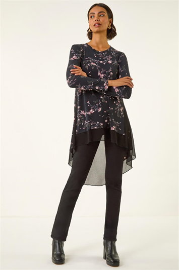 Pink Floral Chiffon Hem Tunic Top