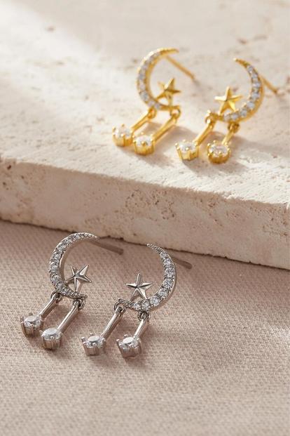 Metallic Sterling Silver Star Moon Drop Earrings