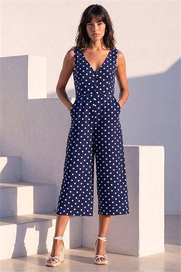 Blue Polka Dot Print Pocket Jumpsuit