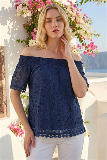 Blue Lace Detail Bardot Top