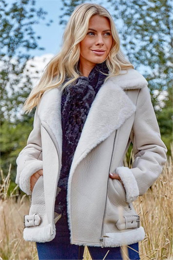 White Faux Fur Lined Zip Detail Aviator Jacket