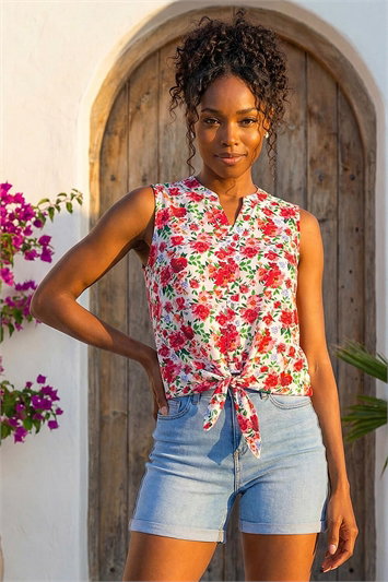 Red Floral Tie Front Blouse