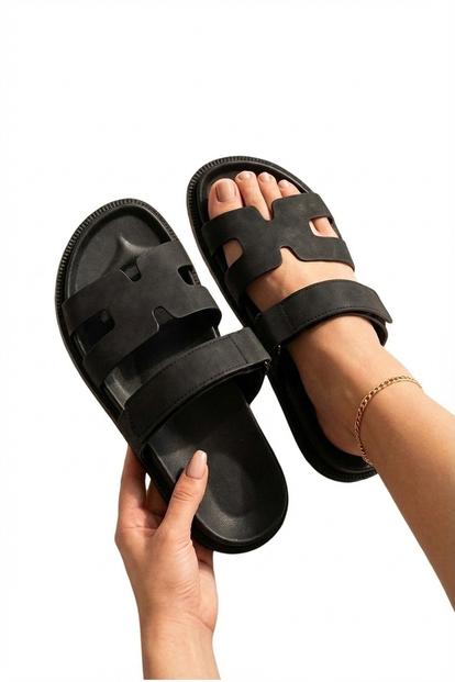 Black Nora Womens Double Strap Slide Sandals