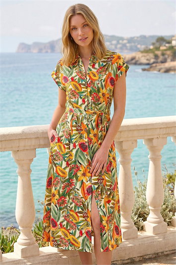 Green Fruit Print Belted Midi Dress