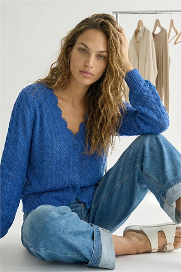 Blue Pointelle Button Knit Cardigan