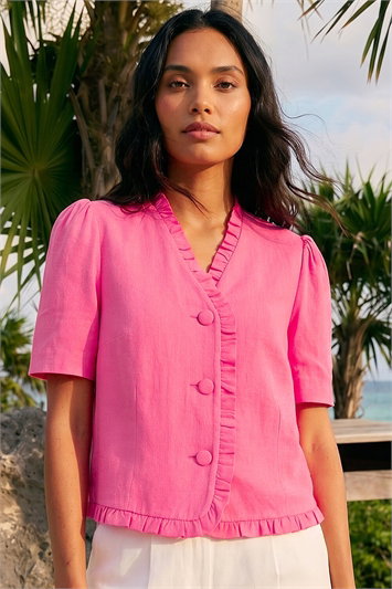 Frill Linen Blend Button Jacket 15056472