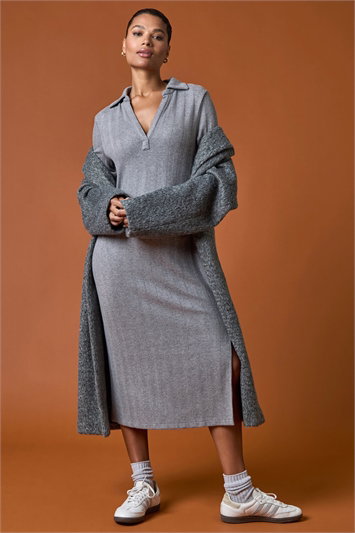 Grey Collar Ribbed Knit Midi Dress