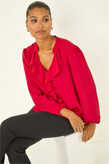 Red Ruffle Neck Blouse