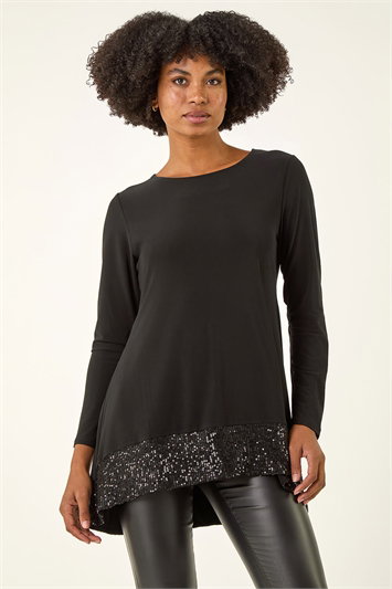 Black Sequin Hem Stretch Tunic Top