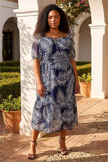 Curve Leaf Print Tie Neck Midi Dress 14585660