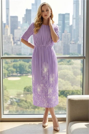 Purple Julianna Border Print Pleated Dress