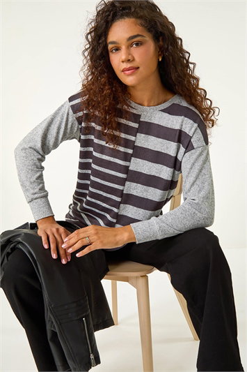 Grey Contrast Stripe Ribbed Snit Top