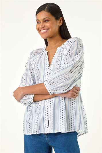 Blue Dobby Stripe Print V-Neck Blouse