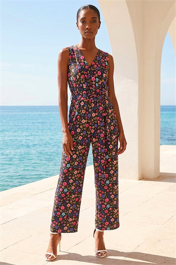Black Petite Ditsy Wrap Bodice Jumpsuit