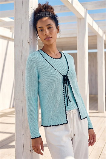 Blue Sequin Detail Trim Knit Cardigan