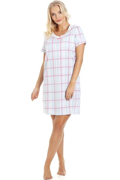 White Checkered Print Cotton Nightshirt