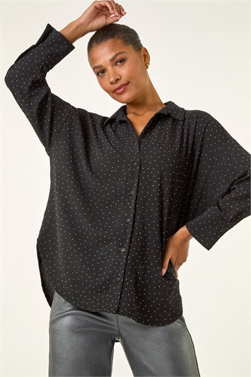 Black Hotfix Collared Longline Shirt